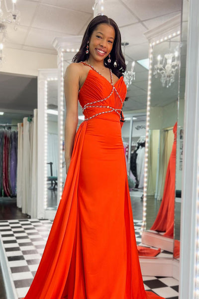 Orange Halter Beaded Long Prom Dresses with Train VK24032005