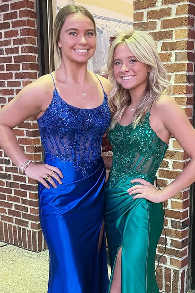 Royal Blue Appliques Scoop Neck Mermaid Long Prom Dress VK24011105