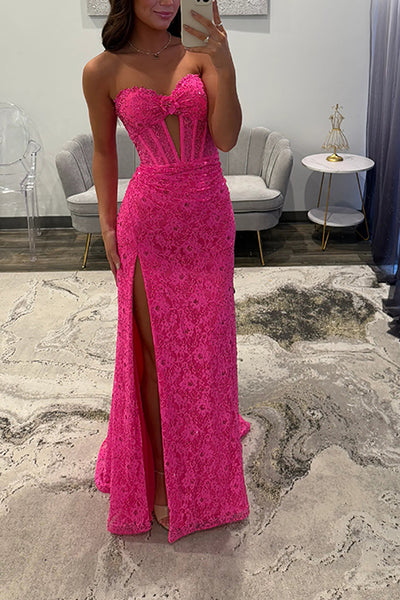 Mermaid Sweetheart Keyhole Hot Pink Lace Long Prom Dresses with Slit VK26010603