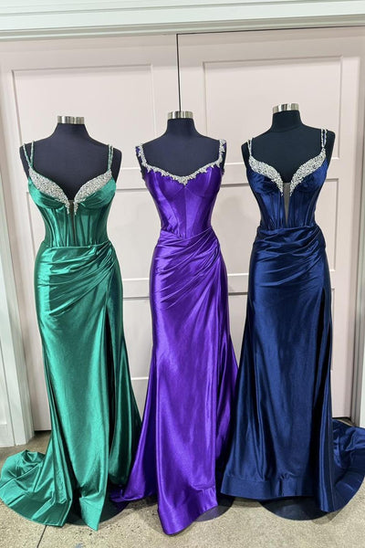 Cute  Mermaid V Neck Fuchsia Satin Slit Prom Dresses with Beading