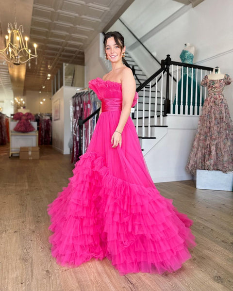 Cute A Line Strapless Hot Pink Tulle Long Prom Dresses VK23051102