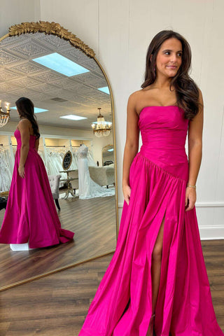 Cute Strapless Fuchsia Satin Long Prom Dress with Slit
