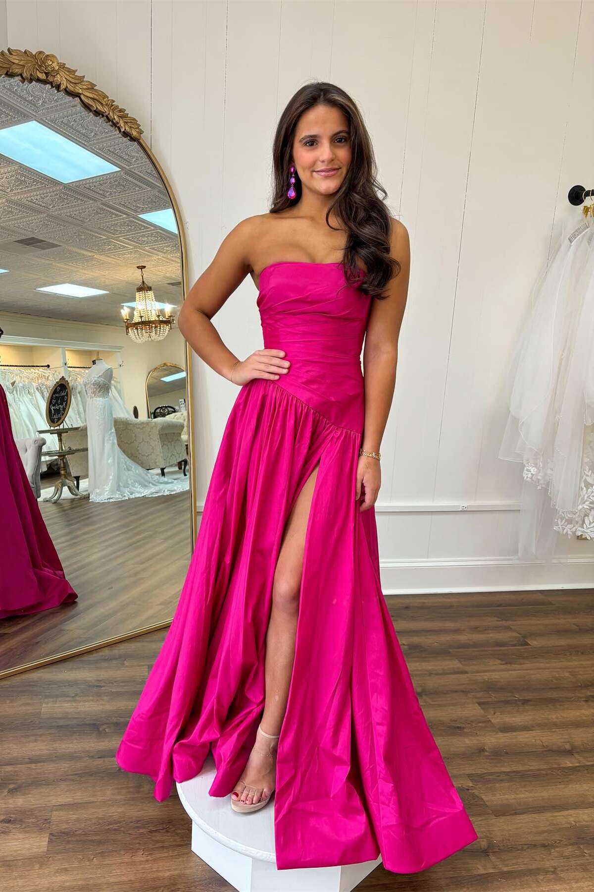 Cute Strapless Fuchsia Satin Long Prom Dress with Slit