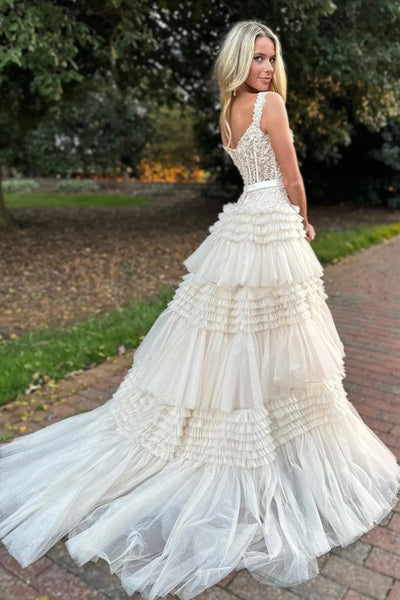 Princess A-Line Off the Shoulder Light Pink Tiered Ruffled Tulle Long Prom Dresses VK23103103