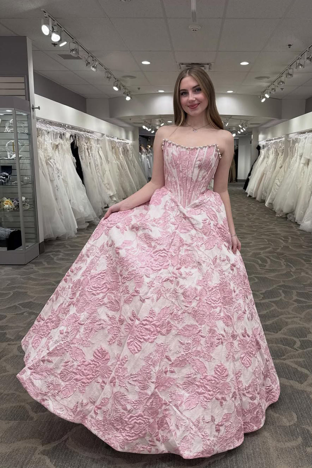 Gorgeous A Line Scoop Neck Pink Jacquard Satin Prom Dress with Pearls VK25112309