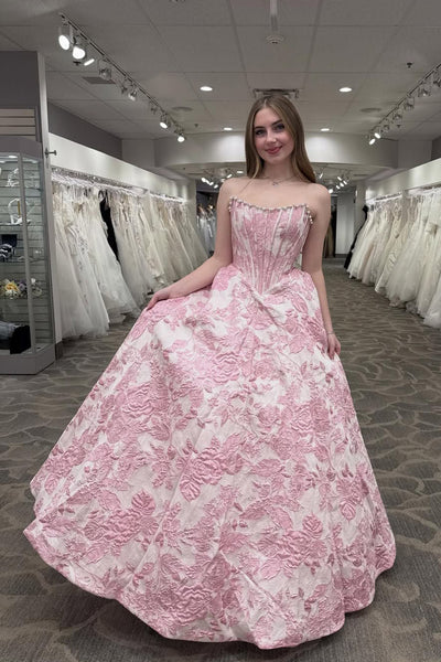 Gorgeous A Line Scoop Neck Pink Jacquard Satin Prom Dress with Pearls VK25112309