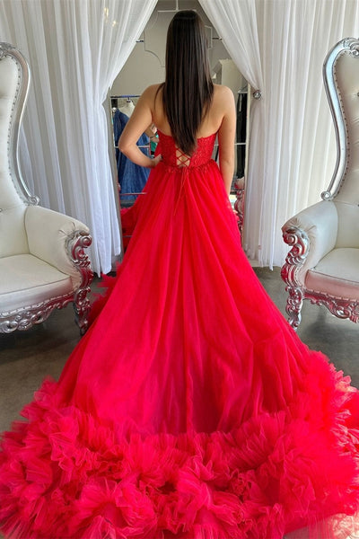 Red Tulle Appliques Sweetheart Ruffle Long Prom Dress VK23122107