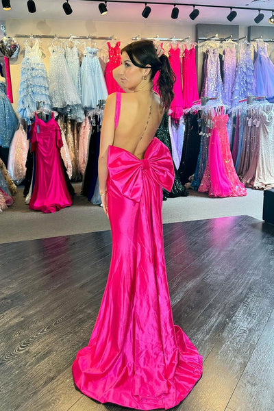 Charming Mermaid Straps Fuchsia Satin Long Prom Dresses with Slit VK24103003