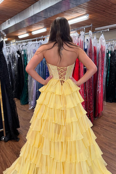 Cute A Line Scoop Neck Yellow Tiered Chiffon Prom Dress with Hot Stone Beading VK25052702