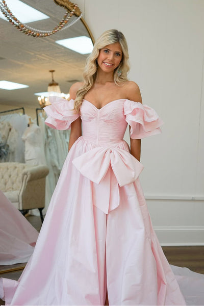 Fairy A Line Off the Shoulder Pink Satin Slit Prom Dress with Bow VK24122407