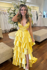Charming A Line V Neck Yellow Satin Tiered Prom Dress VK25010404