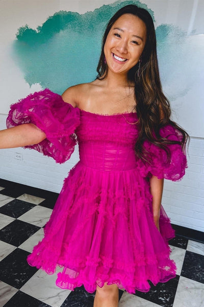 Fuchsia Off-the-Shoulder Puff Sleeves Tulle Ruffle-Layers Homecoming Dress VK23061904