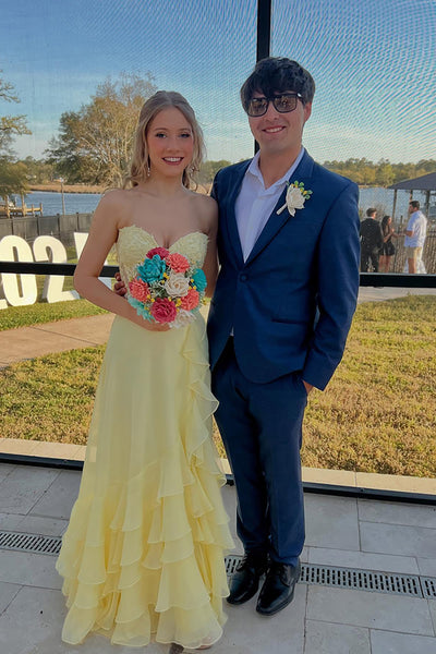 Cute A-Line Sweetheart Yellow Ruffles Tiered Chiffon Long Prom Dresses VK26011206