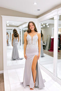Charming Mermaid V Neck Silver Satin Long Prom Dress with Slit VK25011502
