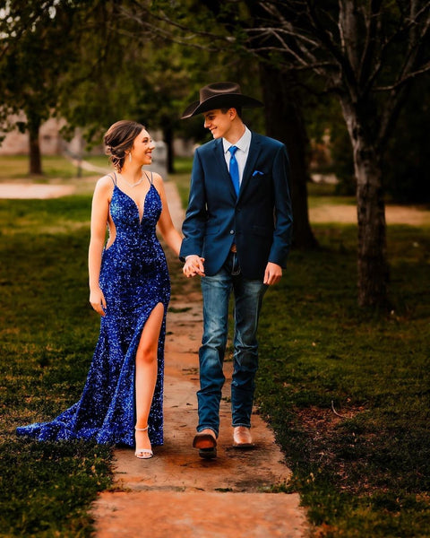 Sparkly Mermaid V Neck Starry Blue Sequins Long Prom Dresses with Slit VK23052107