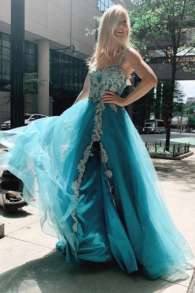 Turquoise Tulle Floral Appliques Sweetheart A-Line Prom Gwon VK23101106