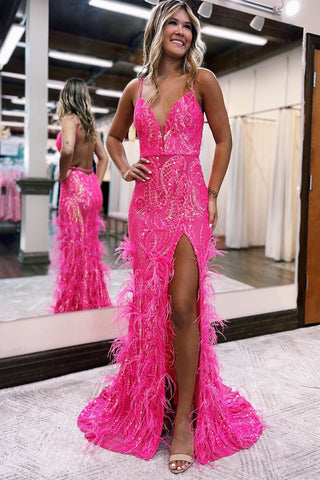 Hot Pink Sequin Lace V Neck Mermaid Prom Dresses with Slit VK23112407
