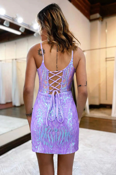 Sparkly Lilac Sequins Lace-Up Back Tight Short Homecoming Dress VK23081701
