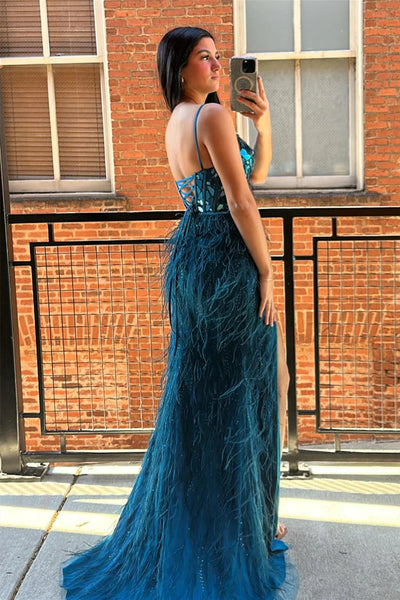 Ink Blue Mirror-Cut Sequined Top Mermaid Feathered Long Prom Dress with Slit VK23112704