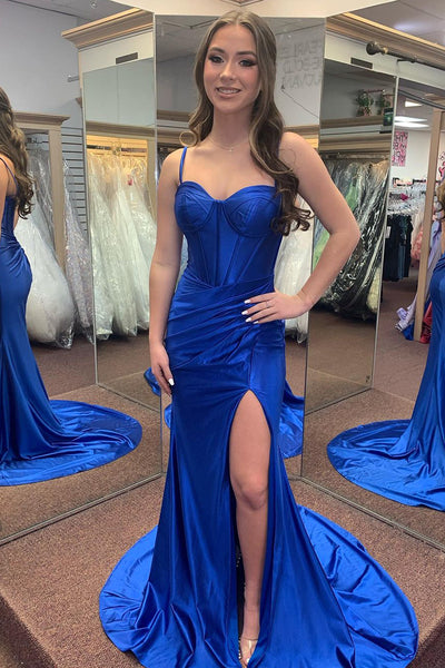 Royal Blue Sweetheart Satin Mermaid Long Prom Dresses with Slit VK24022205