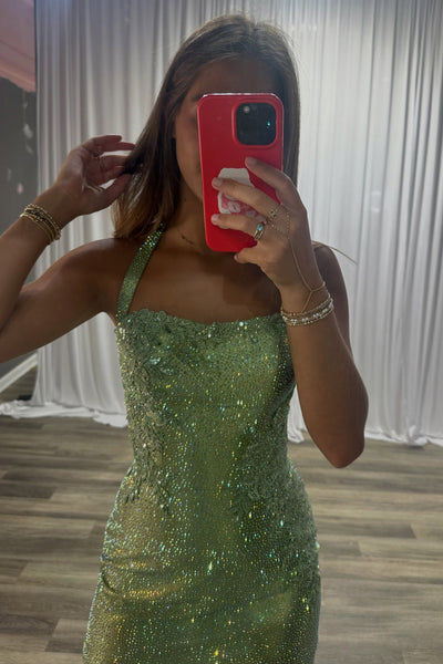 Sparkly Bodycon Scoop Neck Hot Fix Sage Green Homecoming Dress VK26083004