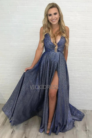 Shining A-line Prom Dresses With Slit Spaghetti Straps Evening Gowns VK0105004