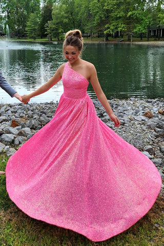 Cute A Line One Shoulder Pink Sequins Long Prom Dresses VK23051004