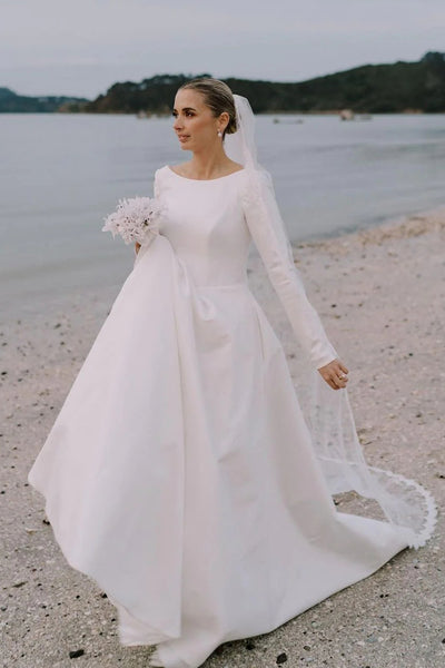 Vintage A-Line Long Sleeves White Satin Beach Wedding Dresses VK23062704