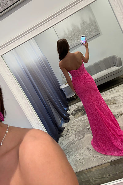 Mermaid Sweetheart Keyhole Hot Pink Lace Long Prom Dresses with Slit VK26010603