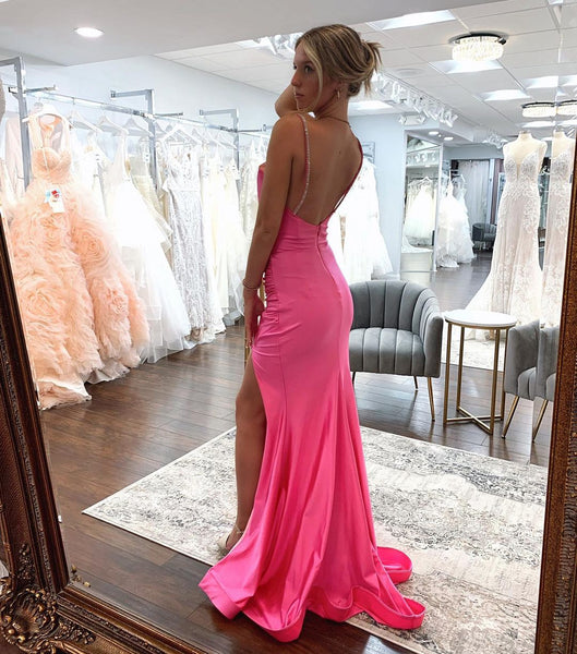 Charming Mermaid V Neck Silk Satin Long Prom Dresses with Slit VK23052606