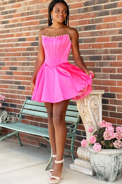 A Line Scoop Neck Hot Pink Satin Homecoming Dress with Beading VK26072006