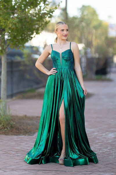 Cute A Line Straps Green Satin Slit Prom Dresses with Beading