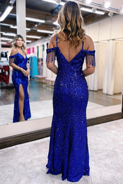 Royal Blue Off the Shoulder Sequins Sheath Prom Dress with Fringes VK23092702