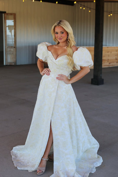 A-Line Off the Shoulder Yellow Floral Lace Appliques Long Prom Dresses with Slit VK26011007