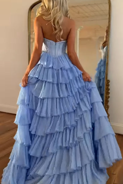 Charming A-Line Strapless Ruffle Tiered Chiffon Long Prom Dresses with Beadings VK26020104
