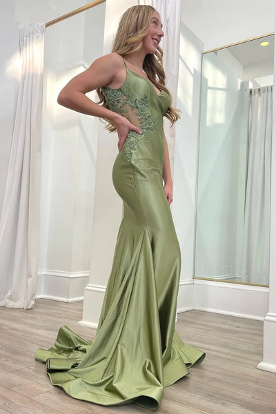 Sage Green Spaghetti Strap Backless Trumpet Long Gown VK24010601