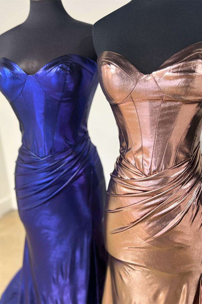 Fashion Sweet Mermaid Brown Sparkly Satin Prom Dress With Split
