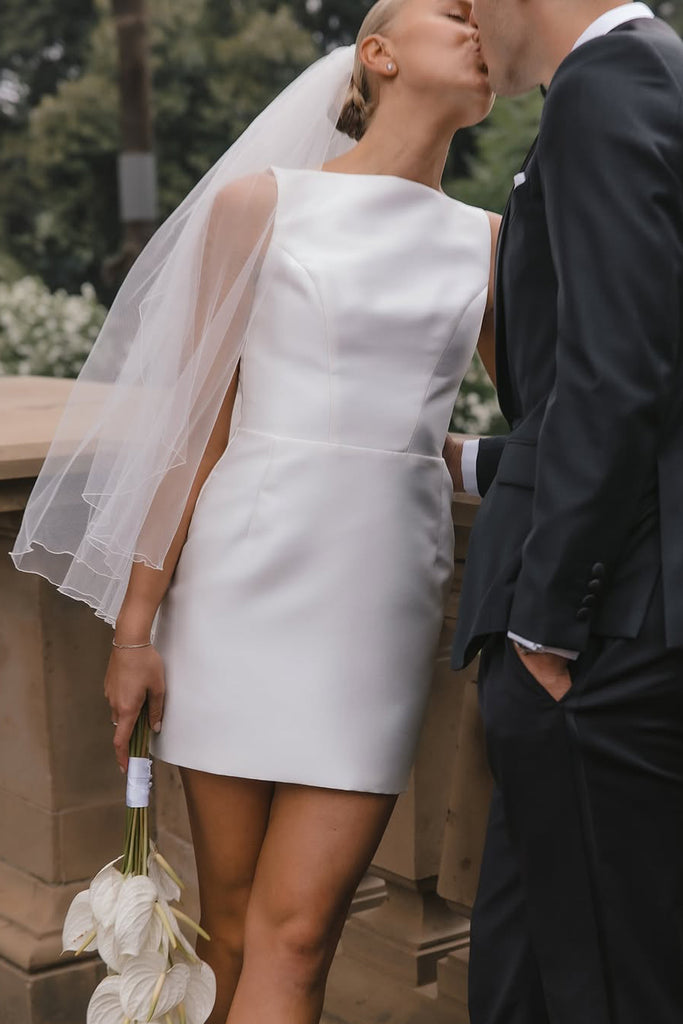 short boat neck wedding dresses Tea-length A-line Bateau Neck Ivory Satin Wedding Dress