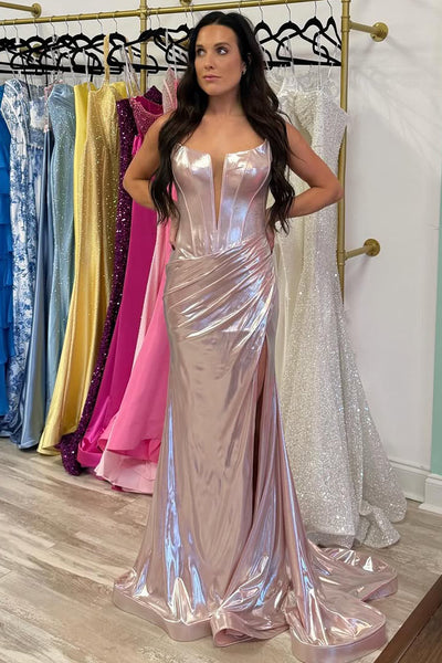 Charming Mermaid Scoop Neck Pink Satin Prom Dress with Slit VK25121101