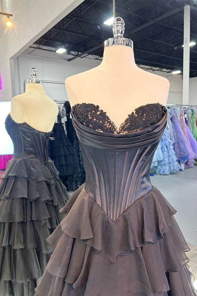 Cute Yellow Sweetheart Ruffle Chiffon Tiered Long Prom Dresses With Split