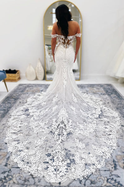 Bohemian Mermaid Off the Shoulder Lace Beach Wedding Dresses VK25051003