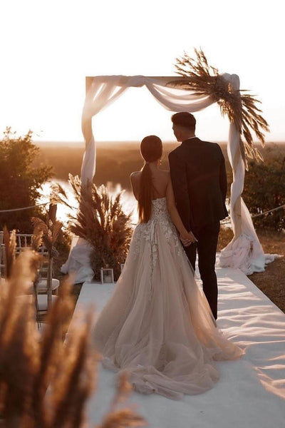 Fairy Ball Gown Sweetheart Dark Champagne Tulle Wedding Dresses with Appliques VK23061408