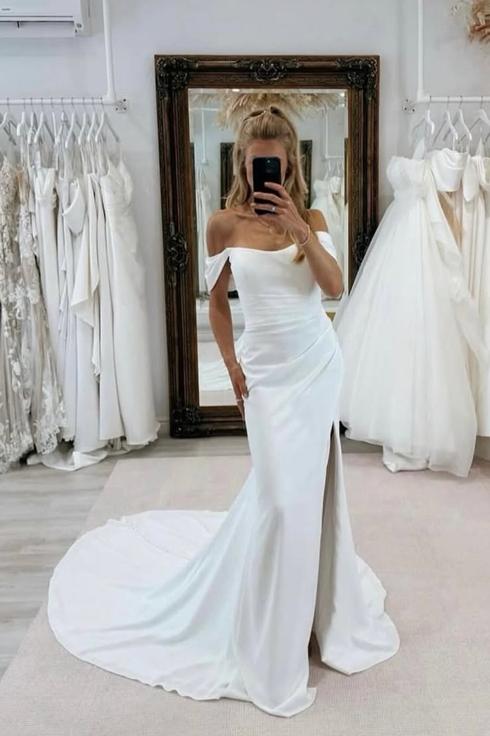 Mermaid Off the Shoulder Elastic Satin Wedding Dress with Slit VK25112403