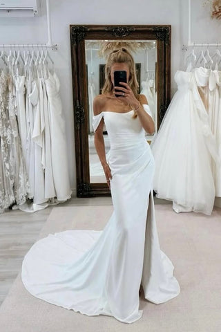 Mermaid Off the Shoulder Elastic Satin Wedding Dress with Slit VK25112403