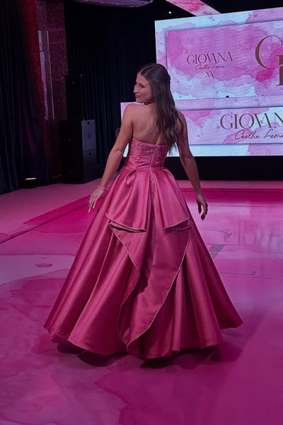 A-Line Sweetheart Fuchsia Satin Long Prom Dresses with Beadings VK25102208