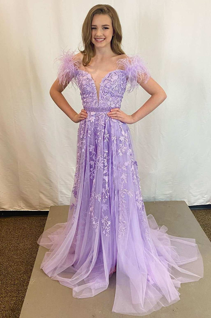 Lavender Appliques Off-the-Shoulder A-Line Prom Dress VK23092605