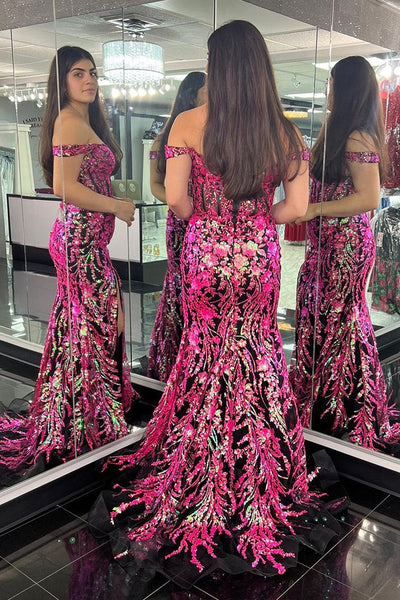 Pink Sequin Lace Off the Shoulder Long Prom Dress with Slit VK23121301