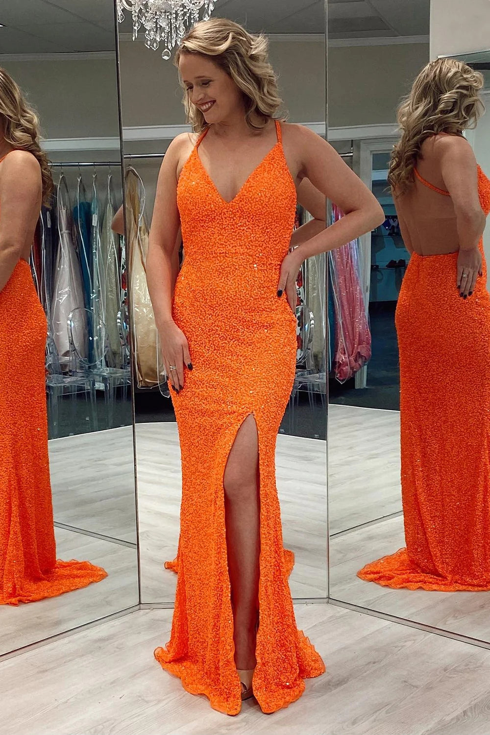 Orange Sequins Backless Prom Dress with Slit VK23092907