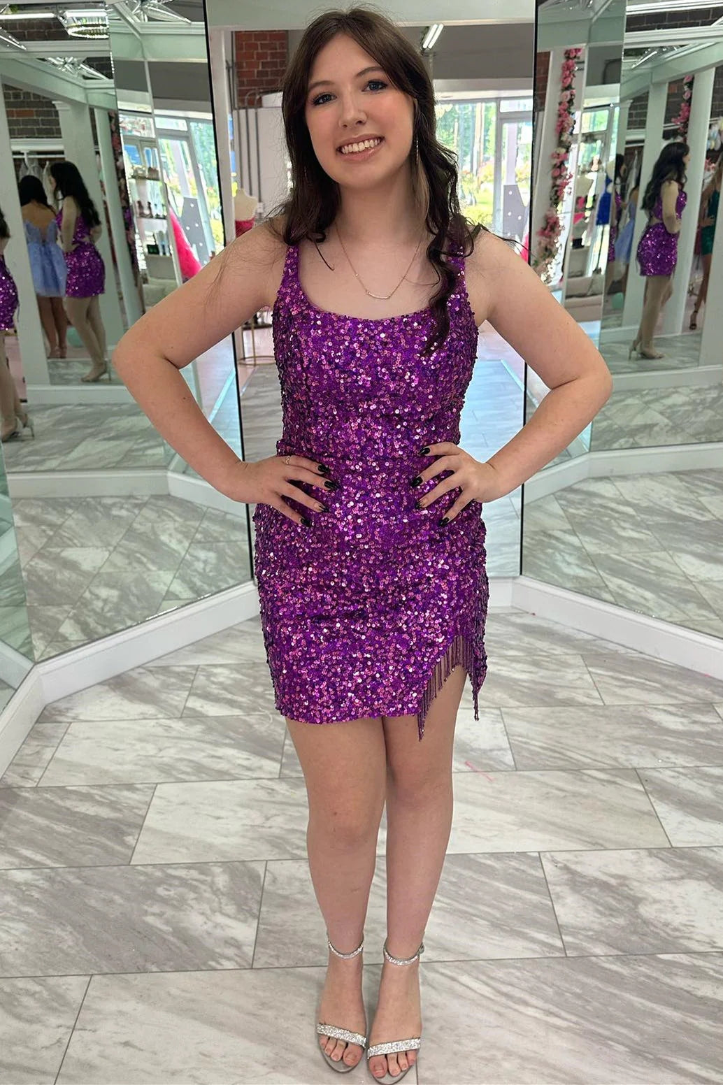 Square Neck Grape Sequin Fringe Short Homecoming Dress VK23072907