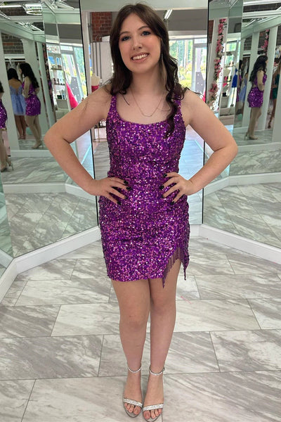 Square Neck Grape Sequin Fringe Short Homecoming Dress VK23072907